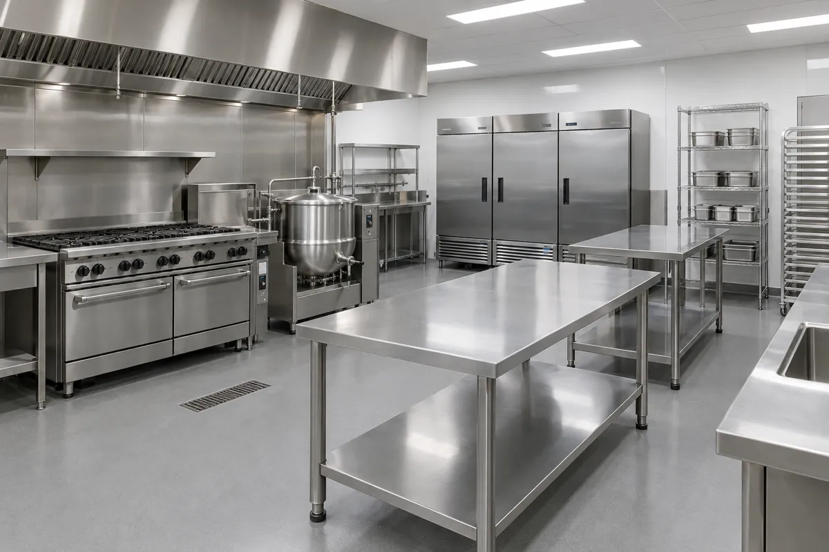 Stainless steel commercial kitchen with range, steam kettle, reach-in refrigerators and prep tables