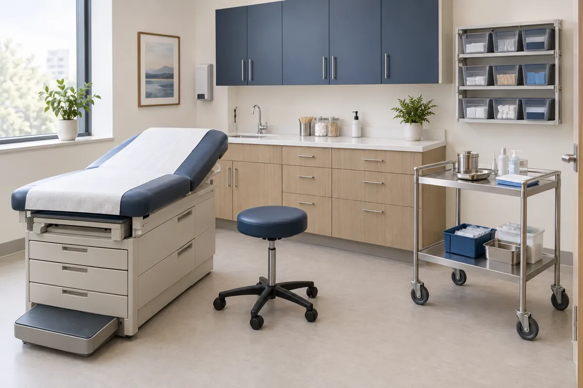 Medical examination room with exam table, stool, instrument cart and storage cabinets